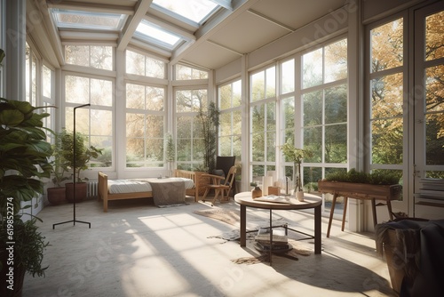 A sunroom with big windows and plants for enjoying the outdoors. Generative AI © Create image