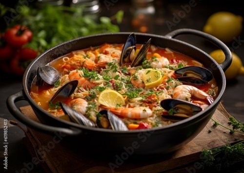 Brodetto di Pesce with various seafood and a rich, tomato-based broth, served in a deep cast iron skillet