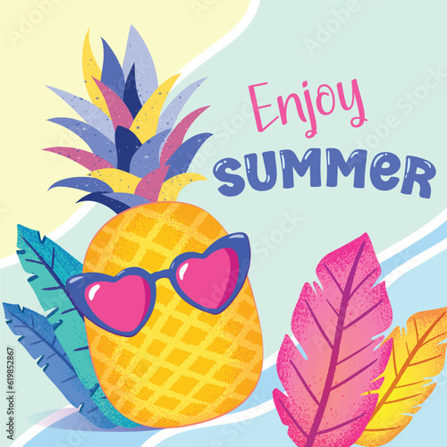 Enjoy summer cute pineapple with heart sunglasses and tropical leaves card background for holidays , summer wallpaper illustration