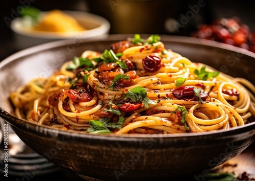 Spaghetti alla Puttanesca with garlic  parsley  and chili flakes in a white ceramic bowl