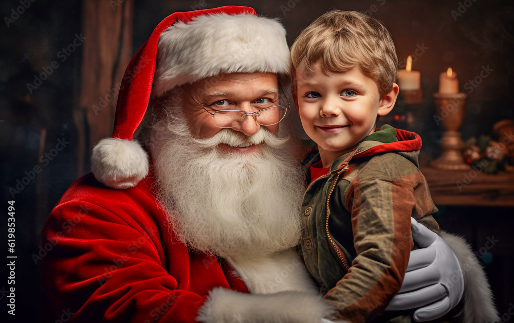 Obraz premium A ruddy Santa Claus holds a baby boy in his arms. Smiles, happiness and amazement