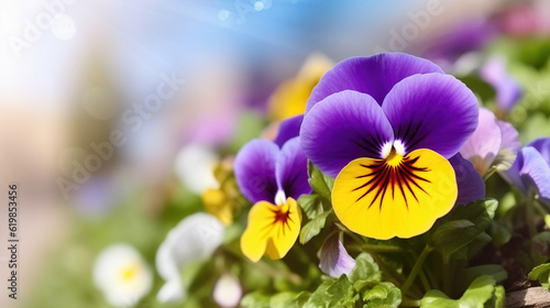 Closeup on pansy flower at sunny day, Generative AI photo