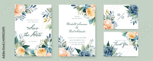Wallpaper Mural Modern wedding invitation template with leaves, glitter, frame, and border. Floral decoration vector for save the date, greeting, thank you, rsvp, etc Torontodigital.ca