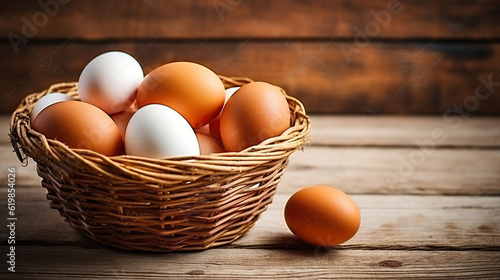 Eggs in a basket On a wooden background. Generative AI