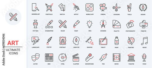 Collection of abstract artwork pictogram with music, theater, cinema movie media projects, portfolio symbols vector illustration. Trendy red black thin line icons set for art design creative process