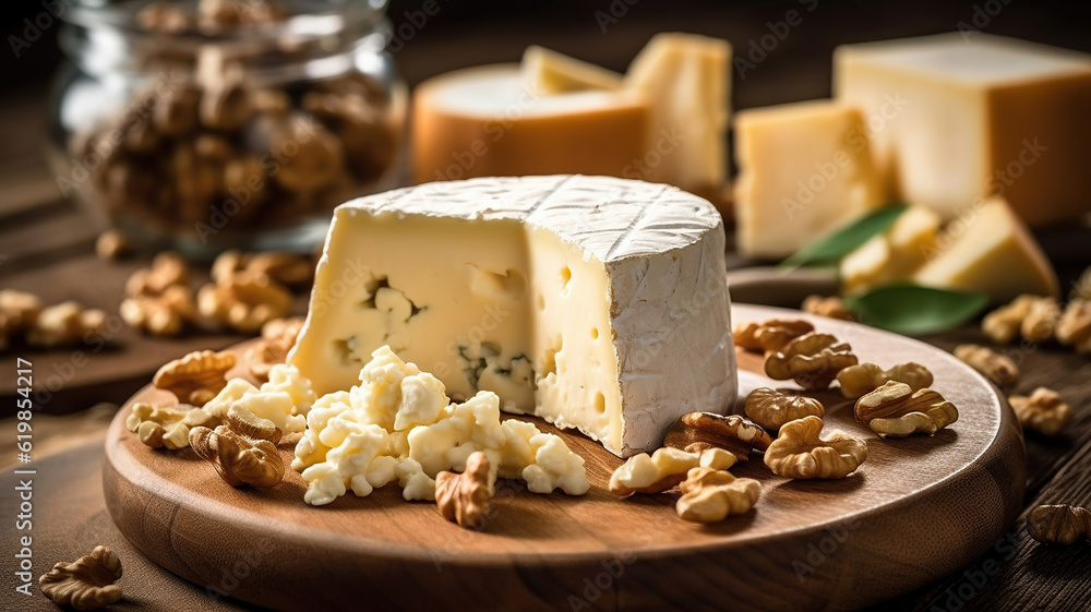 Fresh Cheese with Assorted Nuts Displayed on a Wooden Board. Generative AI