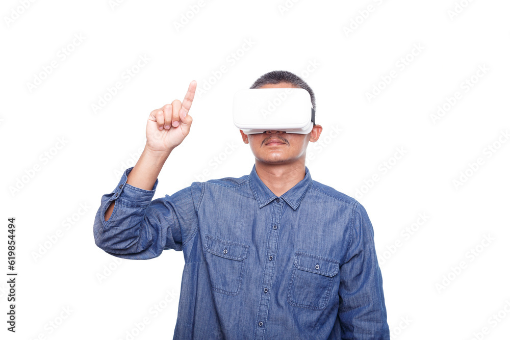 Man wearing virtual reality headset isolated on white background, trying finger to touch screen something Man wearing virtual reality headset isolated on white background, trying finger to touch screen something
