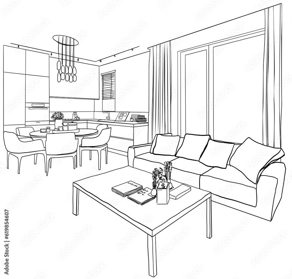 Fototapeta premium Line sketch of the interior living room.