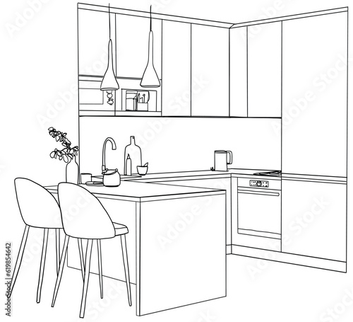 Interior sketch of kitchen room. Kitchen with modern furniture