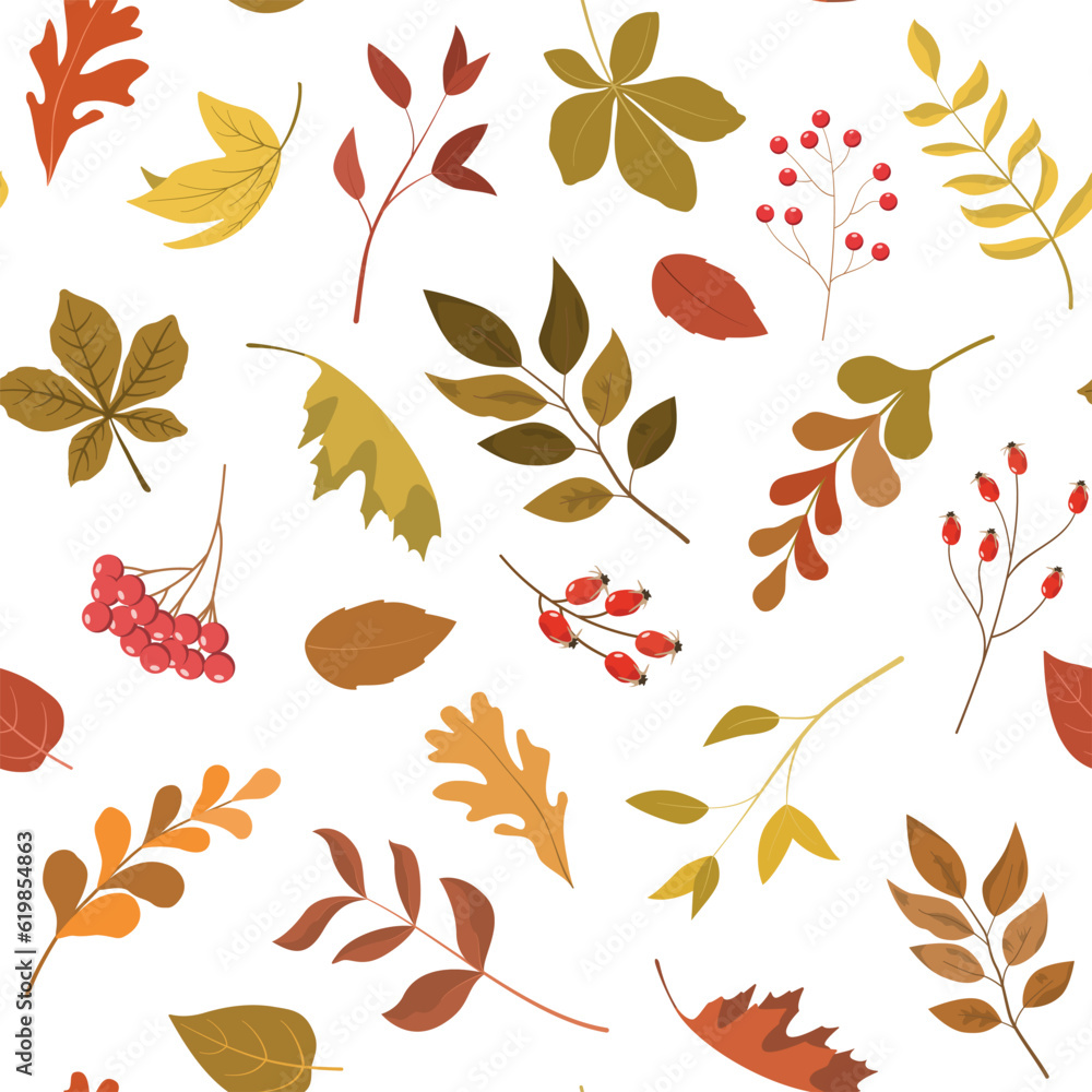 Autumn forest leaves and berries seamless pattern. Seasonal flat vector illustration. Fall season specific vector background. Perfect for greetings, invitations, wrapping paper, textile.