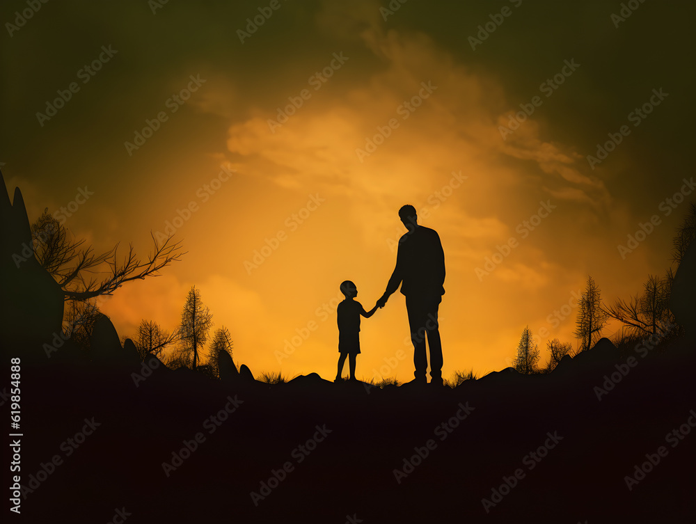 Abstract silhouette of father holding his son's hand to see the sunrise in the morning.
 Landscape. Generative AI. Illustration.