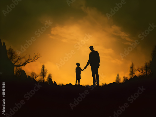 Abstract silhouette of father holding his son's hand to see the sunrise in the morning.  Landscape. Generative AI. Illustration. © Jira