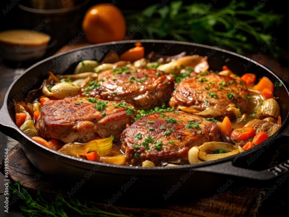 Ossobuco alla Milanese in a cast iron skillet with ingredients like veal shanks, onions, carrots, and celery surrounding it Ossobuco alla Milanese in a cast iron skillet with ingredients like veal shanks, onions, carrots, and celery surrounding it