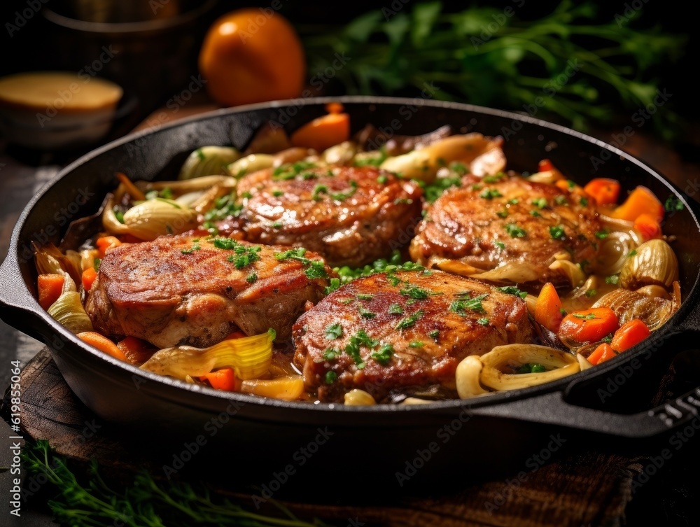 Ossobuco alla Milanese in a cast iron skillet with ingredients like veal shanks, onions, carrots, and celery surrounding it