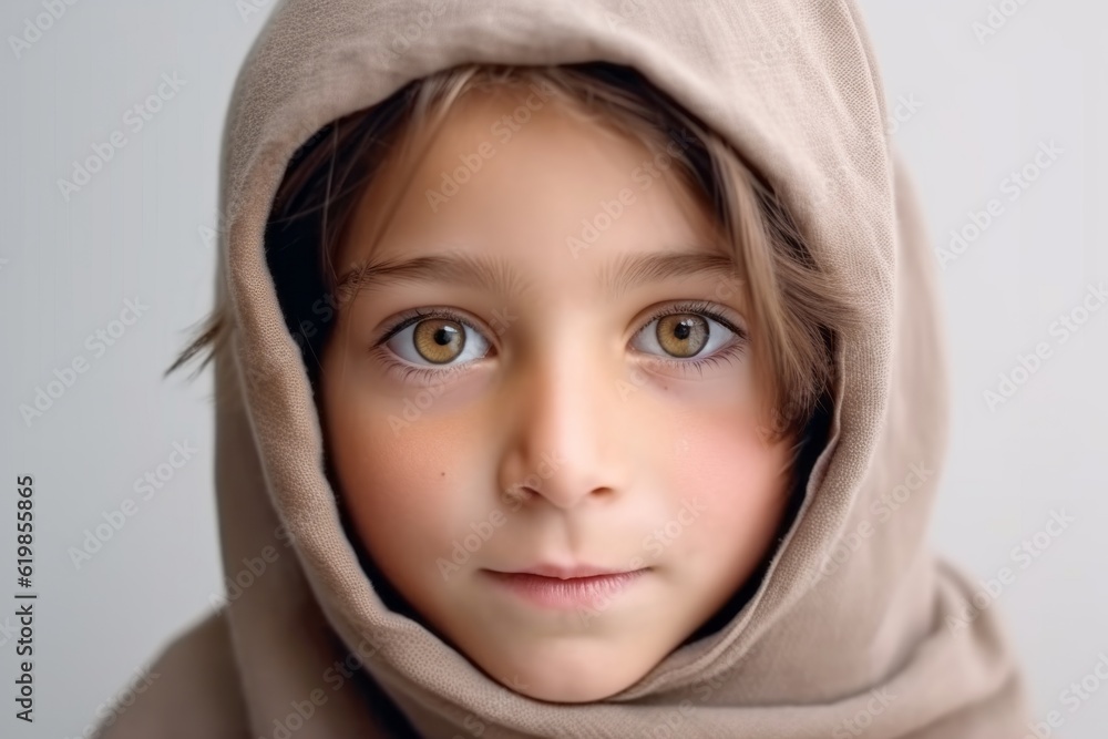 Portrait of a little girl in a hood on a gray background Portrait of a little girl in a hood on a gray background