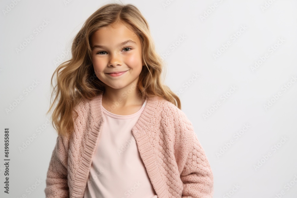 portrait of smiling little girl in pink sweater looking at camera isolated on grey portrait of smiling little girl in pink sweater looking at camera isolated on grey