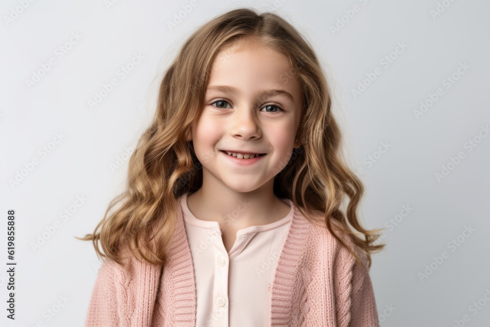 portrait of smiling little girl in pink sweater, isolated on grey portrait of smiling little girl in pink sweater, isolated on grey