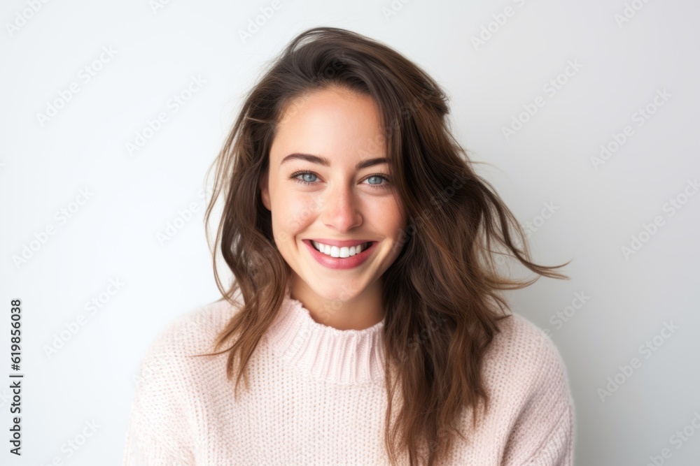 Portrait of a beautiful young woman smiling at camera over white background Portrait of a beautiful young woman smiling at camera over white background