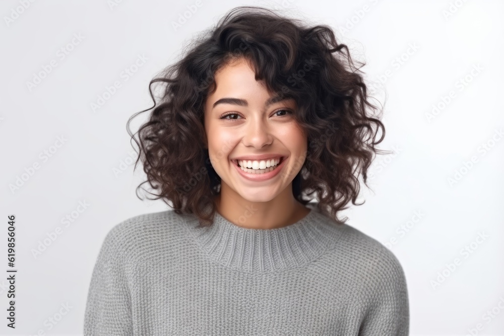 Portrait of a beautiful young woman with curly hair smiling at camera Portrait of a beautiful young woman with curly hair smiling at camera