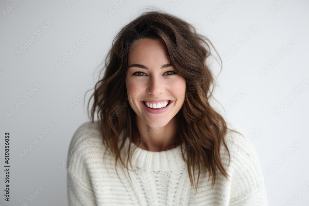 Portrait of a smiling young woman looking at camera over white background Portrait of a smiling young woman looking at camera over white background
