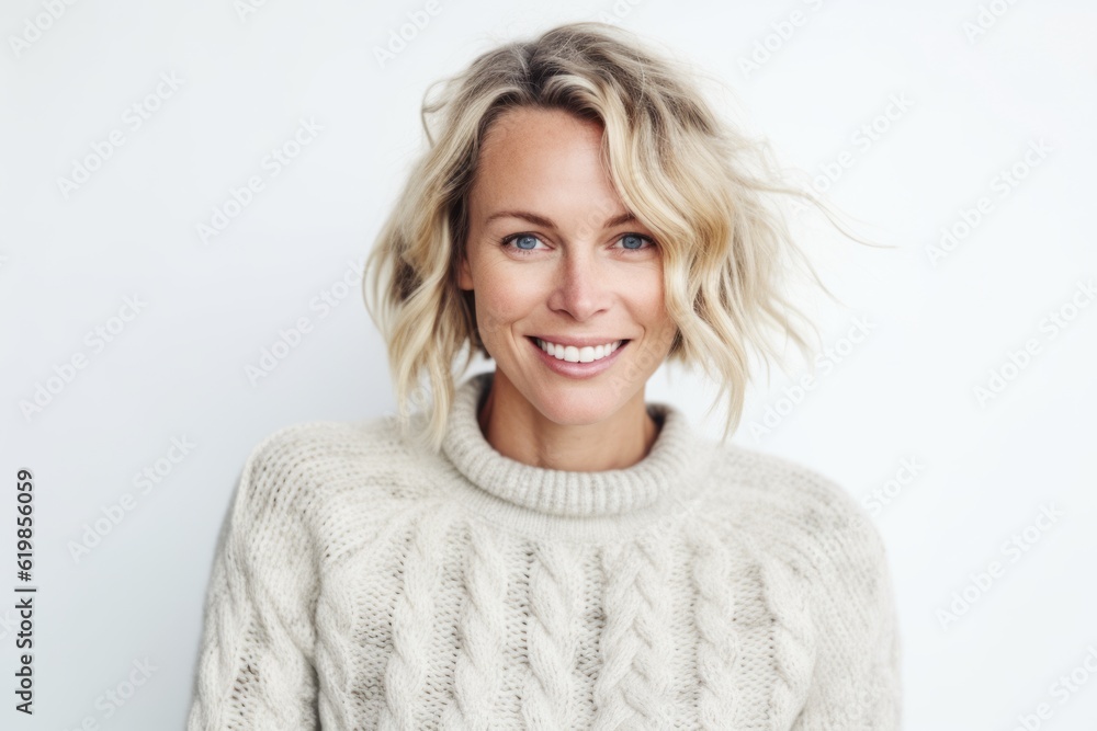 Portrait of a smiling woman in sweater looking at camera over white background Portrait of a smiling woman in sweater looking at camera over white background
