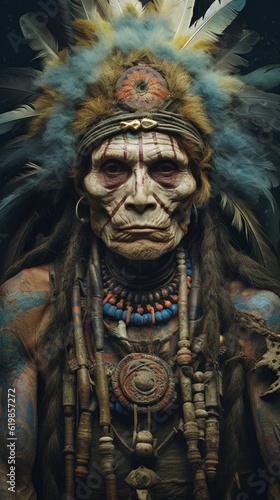 Portrait of an Indian shaman in ritual make-up and with a feather roach on his head, generated by AI
