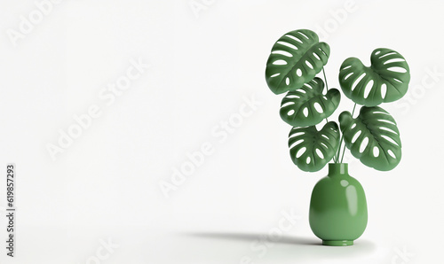 illustrazione generative ai con pianta di Mastera in un vaso verde, sfondo bianco con ombra photo