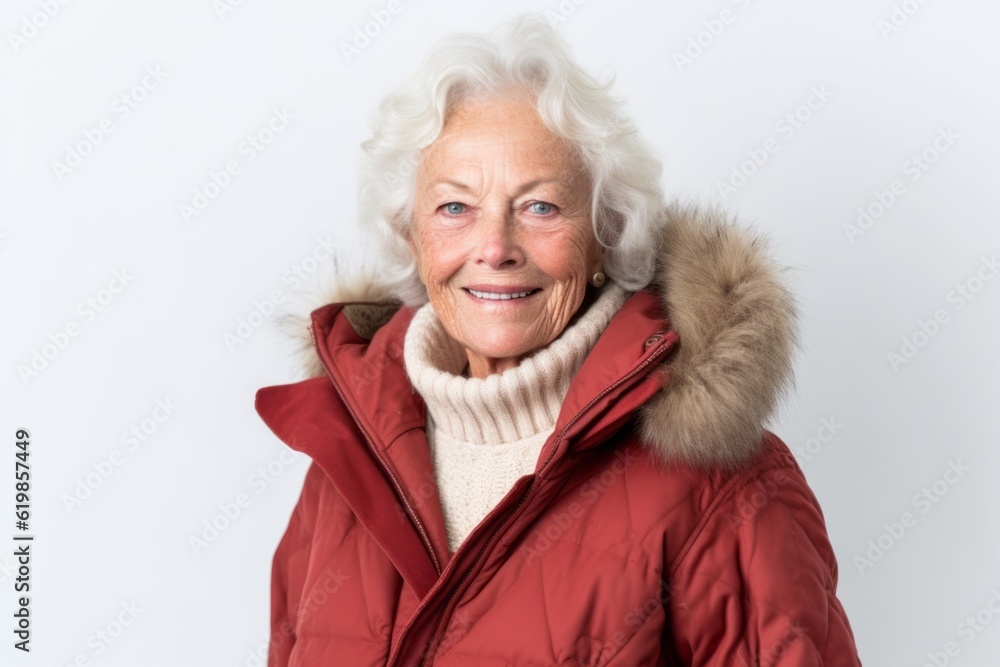 Portrait of smiling senior woman in winter jacket on white background. Portrait of smiling senior woman in winter jacket on white background.
