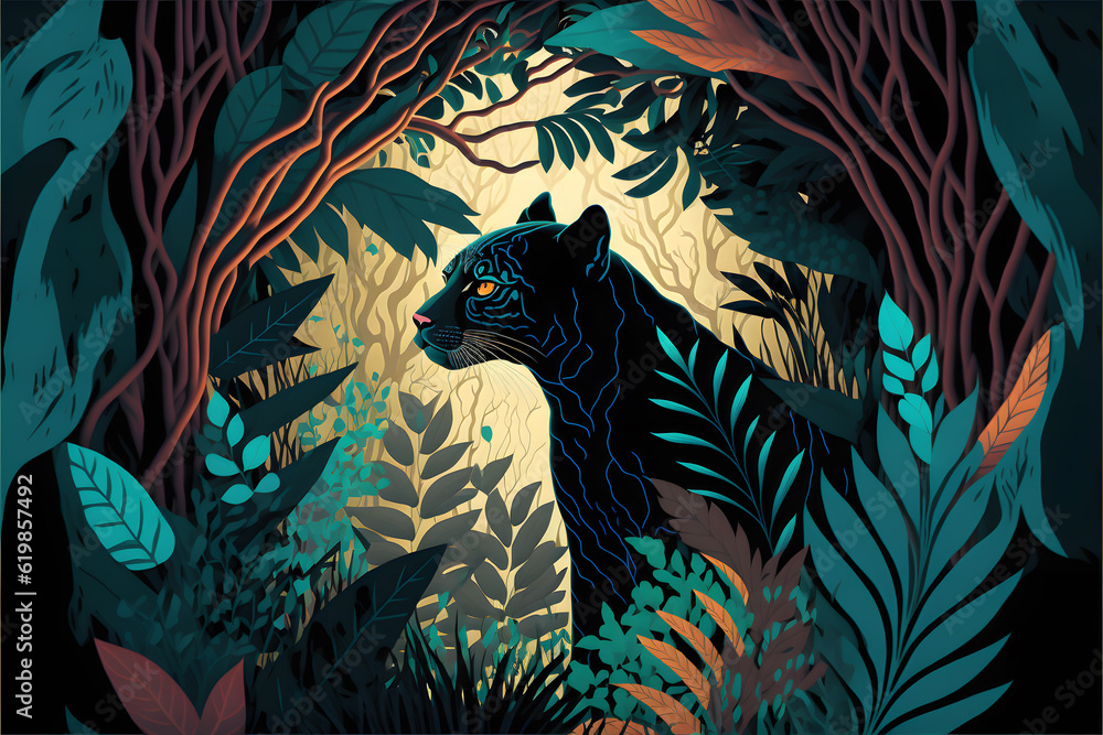 black panther in the jungle. Big cat. AI generative
