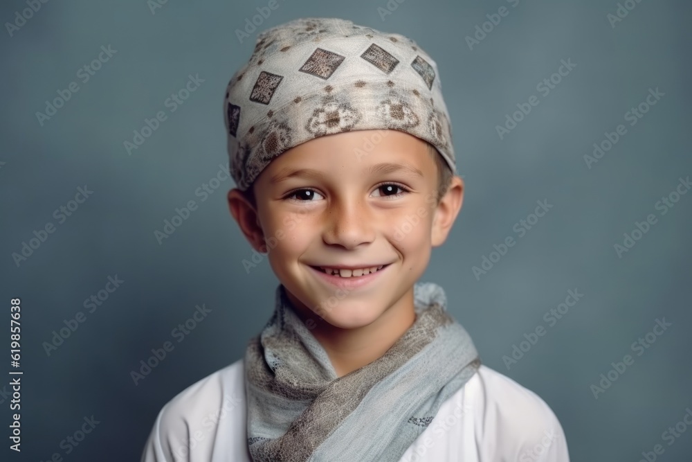 Portrait of a little boy in a turban on a gray background Portrait of a little boy in a turban on a gray background