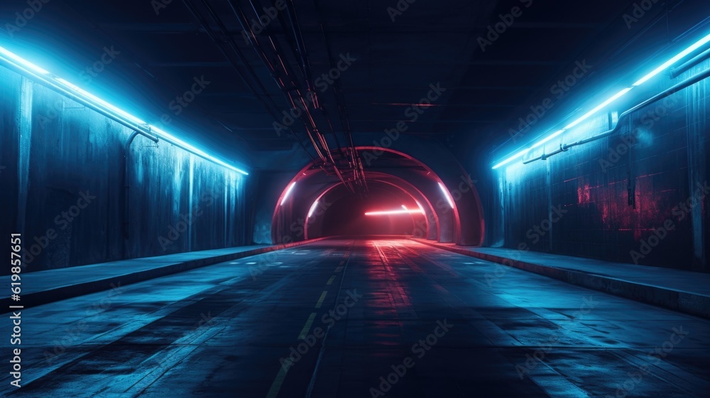 Fototapeta premium Dark underground tunnel interior with blue red neon lights, abstract transportation background
