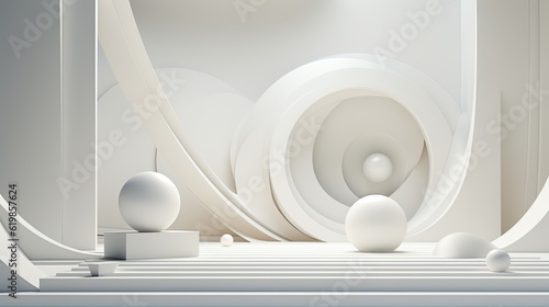Fototapeta Naklejka Na Ścianę i Meble -  Abstract still life installation with white minimal geometric shapes and soft shadows. 3d rendering illustration, AI generated image