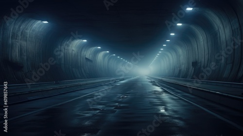 Dark tunnel interior with blue lights illumination, abstract underground transportation background