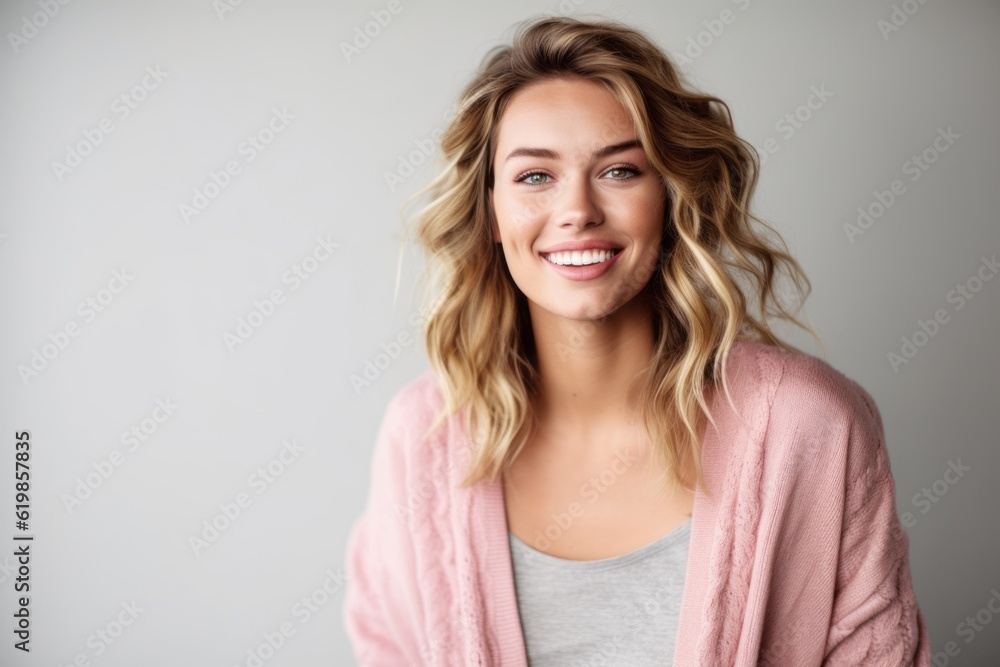 Portrait of a happy young woman smiling at camera over gray background