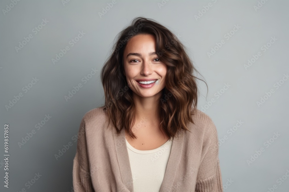 Medium shot portrait photography of a pleased woman in her 20s wearing a chic cardigan against a minimalist or empty room background Medium shot portrait photography of a pleased woman in her 20s wearing a chic cardigan against a minimalist or empty room background