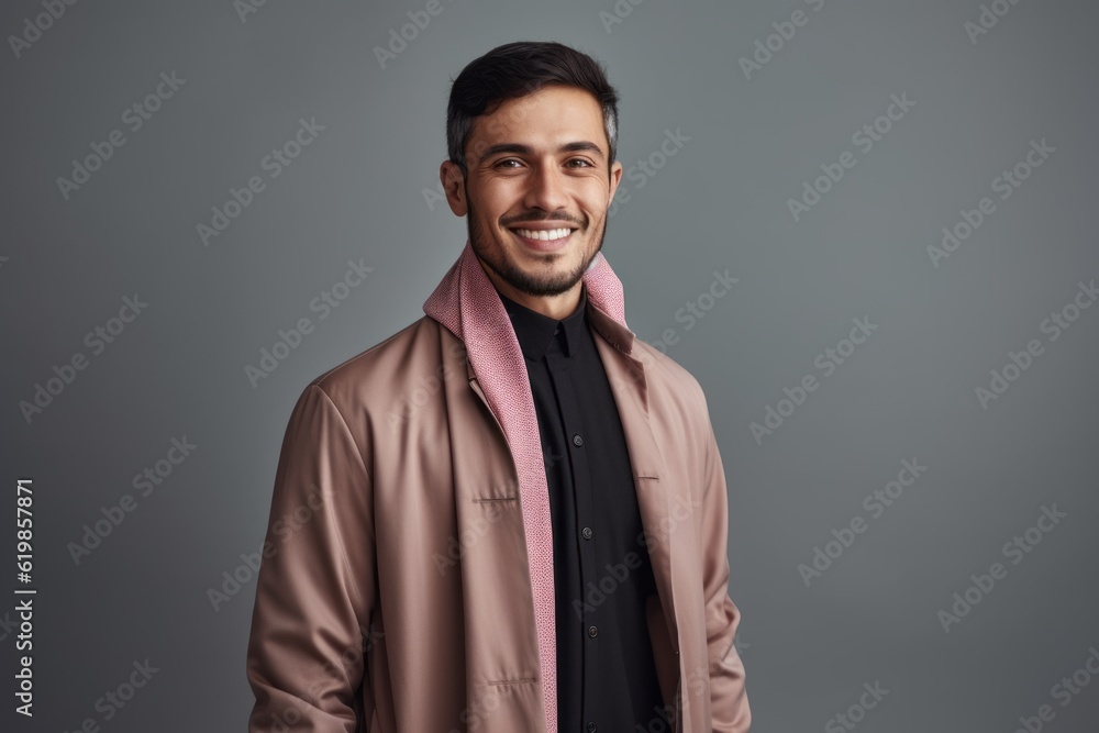 Fototapeta premium smiling young man in beige coat looking at camera isolated on grey