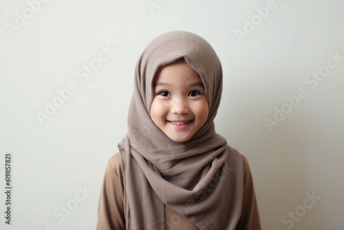Portrait of Asian muslim girl wearing hijab smiling on white background
