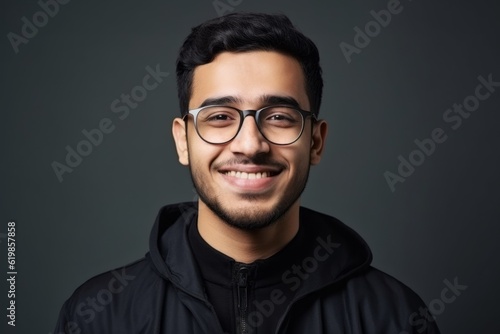 Portrait of a smiling young man in glasses on a dark background
