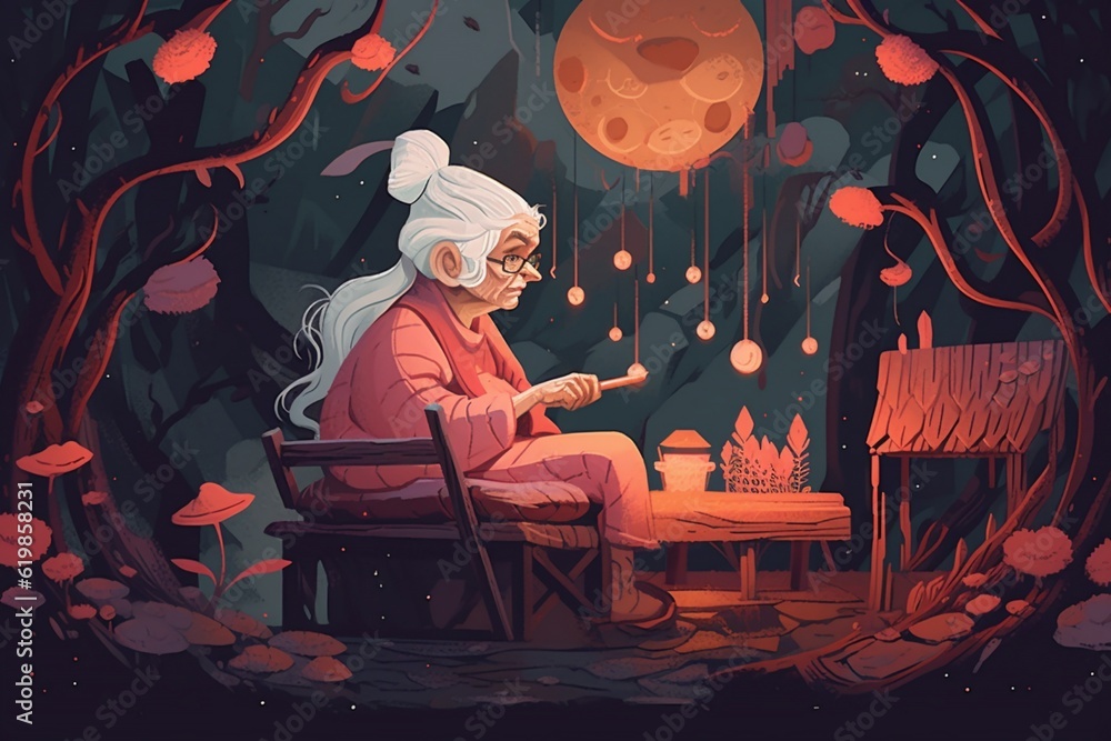mythical fairytale creature elderly woman pensioner sorceress and witch brews a potion for witchcraft,generated by AI