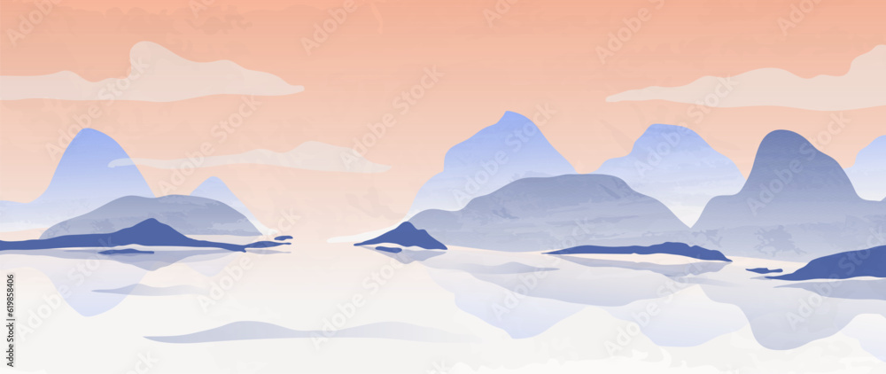 Abstract vector mountains. artistic background. Mountains and clouds with water and reflection with watercolor texture. Luxury landscape cover design, vector art for wallpaper or wall decoration, prin