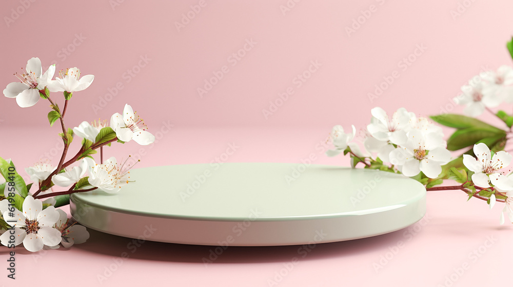White round podium pedestal cosmetic beauty product presentation scene empty mockup on trendy pink coral pastel background with blossom flowers, minimalist backdrop luxury template. Generative AI. White round podium pedestal cosmetic beauty product presentation scene empty mockup on trendy pink coral pastel background with blossom flowers, minimalist backdrop luxury template. Generative AI.