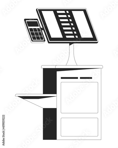 Self service terminal flat monochrome isolated vector object. Scan, pack and pay. Editable black and white line art drawing. Simple outline spot illustration for web graphic design