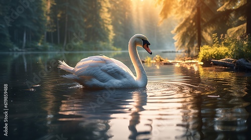 A poised and elegant swan glow drifting through a serene pond Generative AI