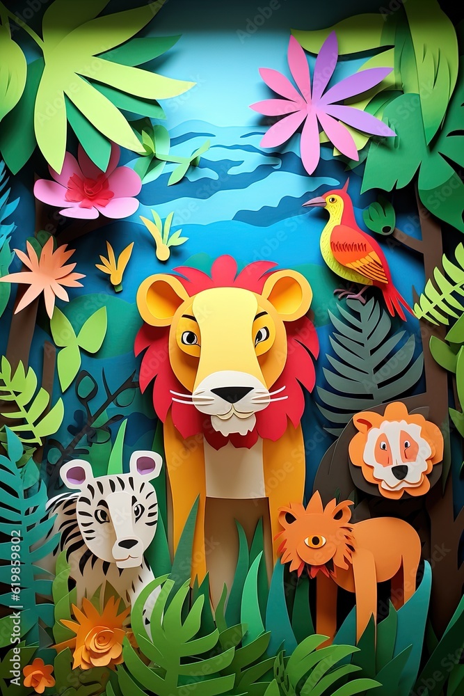 Fototapeta premium Paper cut landscape jungle with animals illustration for kids made with Generative AI 