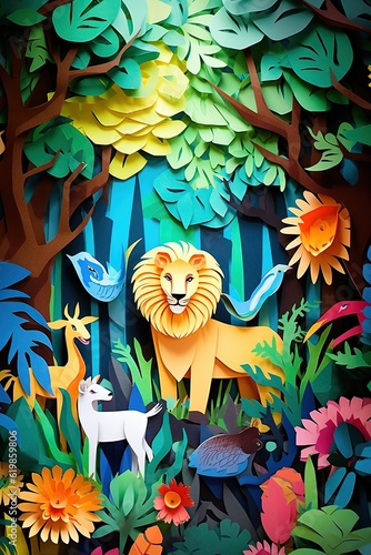 Paper cut landscape jungle with animals illustration for kids made with Generative AI