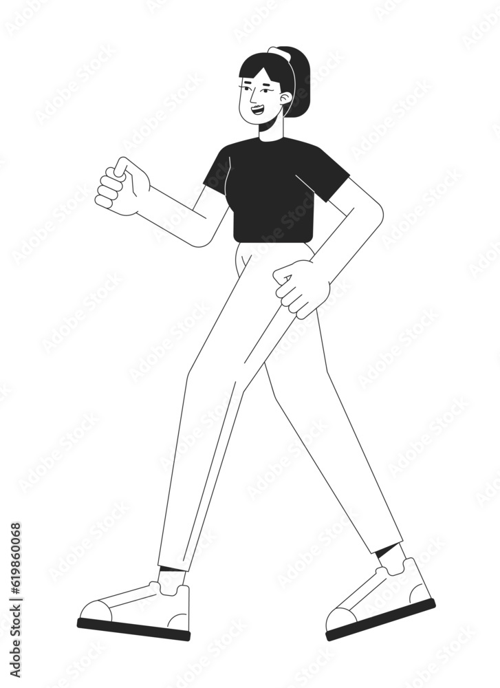 Active girl running flat line black white vector character. Editable outline full body woman in