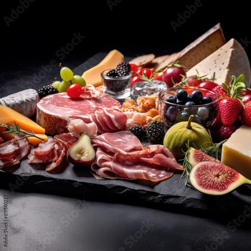 Affettati Misti featuring various meats, cheeses, and fruits on a slate serving board