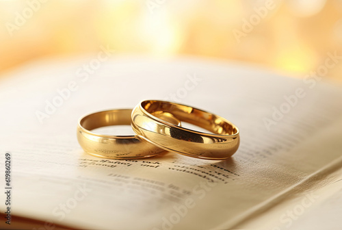 Fototapeta A pair of gold wedding rings on a prayer book