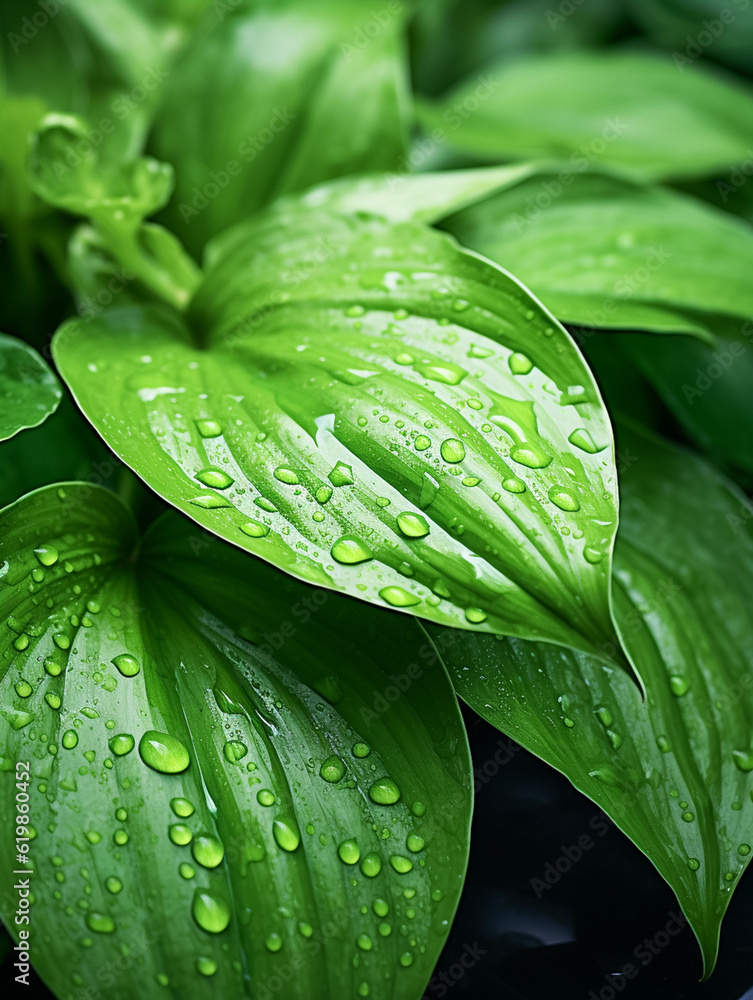 Obraz premium Photography Close up Hosta Golden Tiara with Yellow and Green Leaves with Water Drops in the Garden Design Closeup. 