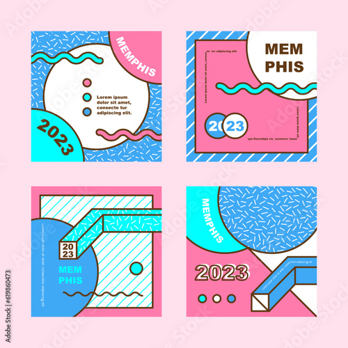 Memphis banners. Abstract retro posters with minimalistic patterns and geometric shapes in pastel color collection square flyers vector graphic design template for social media posts.